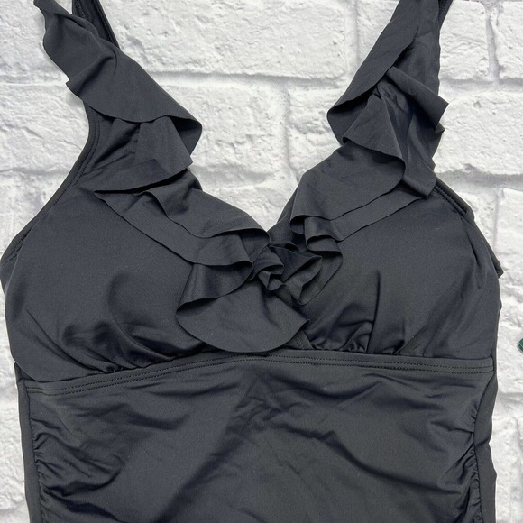 LRL Ralph Lauren BLACK Beach Club Solids Ruffle Tankini Swim Top Size 6 Slimming - Picture 2 of 7